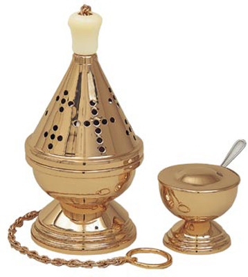 Thurible with Incense Boat & Spoon. 9" H, 4 1/2" Bowl. Available in Satin Bronze, Polished Bronze or 24K Goldplate. 

 