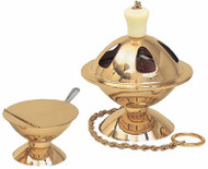 Thurible with incense boat and spoon. Available in Satin Bronze, Polished Bronze, Bright Nickel, 24k Gold plated. Dimensions: 7"H, 6" Bowl. 