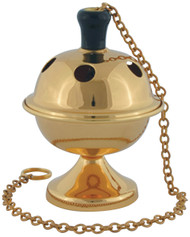 Thurible (censer) with incense boat and spoon. 4 1/2" height, 3" diameter. Available in Satin Brass, Polished Brass, 24K Gold Plated or Nickel Plated.