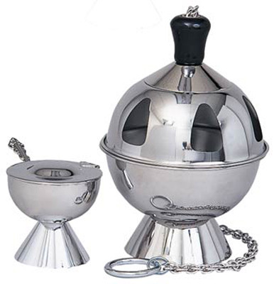 Stainless Steel Thurible (censer) with incense boat and spoon. Measurements: 8"H, 5 1/2" Bowl.