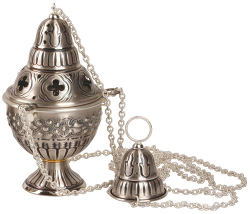 Thurible (censer) with incense boat and spoon
Censer: 9" height, 5" diameter bowl
Boat: 5 1/2"H, 4 1/4" Bowl
4-chain Censer w/Boat in Oxidized Silver with Gold Cross on Boat