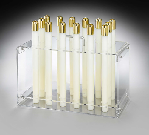 Clear acrylic carrier has metal handle and is designed to carry 14 candles, 10" to 16" high for convenient refilling.. Made to fit your particular diameter candle ~ 7/8", 1", 1-1/8", 1-1/4" 1-1/2", or 1-7/8". Measure 15 1/4L x  7 1/2"W x 9"H. Made to specific dimensions. NON RETURNABLE!!!!