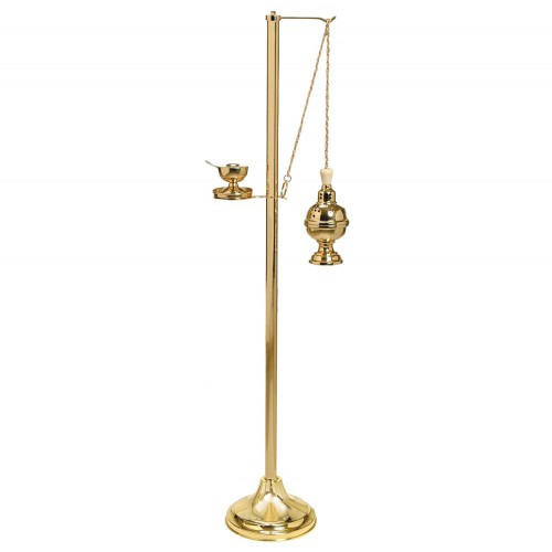 Censer Stand with circular base.  Dimensions: 50"H, 9" or 10 1/2" Base.  Available in Satin or High Polish Brass or Satin or High Polish Bronze.  Furnished with a humeral veil hanger for an additional cost.  