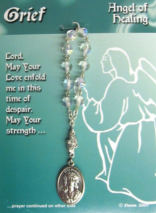 One Decade Rosary ~ Angel of Grief & Despair. Contains a prayer on the reverse side of the card.  Pray one decade of the Rosary, and then pray the prayer on the card.  Medal is 4" long; and measures 1" x 5/8".