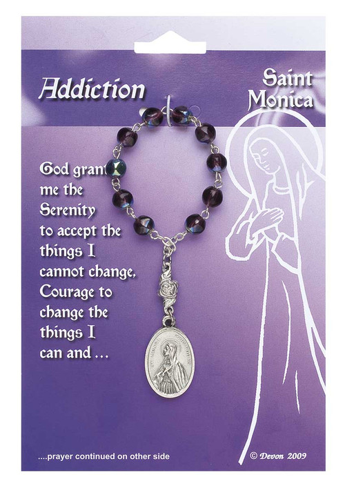 Patron Saint of Addictions, Difficult Marriages, Widows, Mothers, Victims of Abuse. Contains a prayer on the reverse side of the card.  Pray one decade of the Rosary, and then pray the prayer on the card.  4" long; medal is 1" x 5/8".