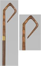 Size 76" high,  hook is approximately 7" wide. Whole Crozier constructed of mahogany wood and all brass hardware is gold plated. Disassembles into 4 approximately 2 foot sections for convenient transport.  Rubber bumper terminates staff bottom.