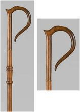 Size 76" high. Crozier constructed of Mahogany wood with dark stain. Gold accents. Disassembles into 4 approximately 2 foot sections for convenient transport. Rubber bumper terminates staff bottom.