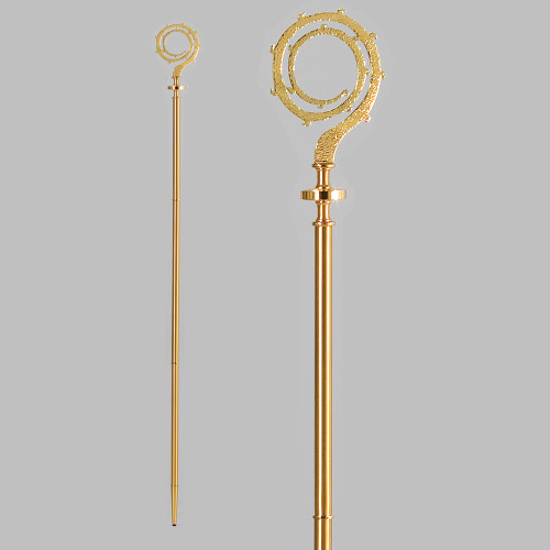 Size 75" high, hook approximately 6-1/4" wide. All Brass construction: Two-tone Gold Plate finish, bright and satin. Disassembles into three approximately 2 foot sections for easy transport. Rubber bumper terminates staff