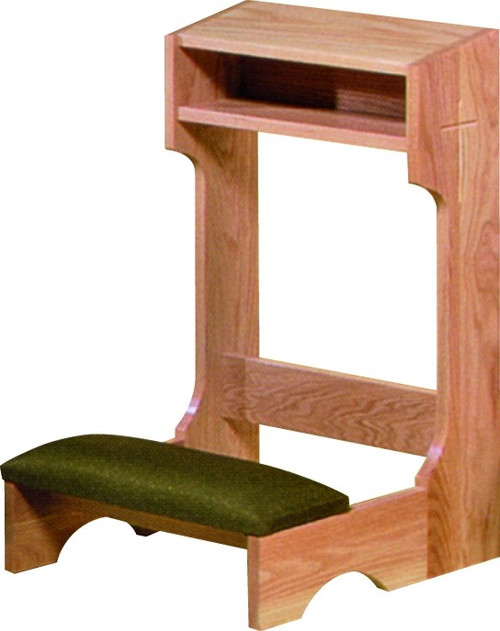 Solid Oak construction with medium Oak finish. Quality Upholstery with super-foam padding. Size: 32"H x 21D" x 22"W and 5" shelf or 32"H x 21D" x 36"W and 5" shelf. Ships in two pieces with easy assembly.