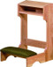 Square wooden structure with a soft pad for kneeling and an armrest with a shelf at the top.