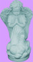 A stone kneeling angel with hands brought together in prayer on a purple background.  