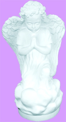 A white kneeling angel with hands held together in prayer on a purple background.