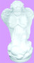 A white kneeling angel with hands held together in prayer on a purple background.