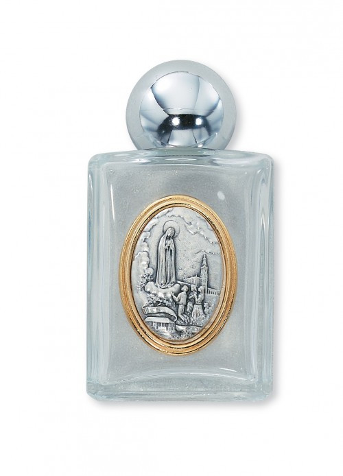 Our Lady of Fatima Raised Medallion on Glass Holy Water Bottle. Glass Holy Water Bottle ~ Our Lady of Fatima ~ Holds 2 ounces of water ~ 3 1/4" X 1 3/4"