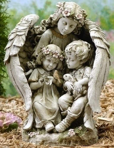 This beautiful guardian angel statue features an angel sitting with two children and her wings are wrapped around them. The beautiful statue can be a great addition to your garden.
Dimensions: 15.75"H x 9.25"W x 8.5"D
Resin and stone mix