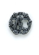 Silver Oxidized Round Pin with Cross,Chalice & Host surrounded by Grapes. Individually Carded