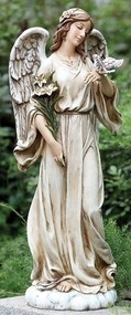 This beautiful garden angel statue features an angel standing on a cloud, holding flowers and a dove. This unique statue is the perfect addition to your landscaping. This garden statue is made with a resin and stone mix.

Details:
Dimensions: 24.5"H x 9"W x 9"D
Resin and stone mix