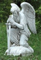 This kneeling angel with sword statue will make a beautiful addition to your garden. The statue features a male kneeling angel with a sword. This statue is made with a resin and stone mix.  Dimensions: 13.25"H x 6"W x 8.5"D