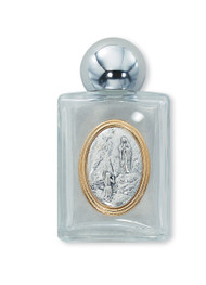 Glass Holy Water Bottle ~ Raised medallion Our Lady of Lourdes. Holds 1 ounce of water ~ 3 1/4" X 1 3/4" 