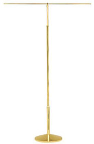 Highly polished brass Processional Banner Stand . Telescoping shaft extends 51" to 90". 12" weighted base. 36" cross arm. Can be furnished with a 36" double bar or a telescoping cross arm that extends 24"- 45"