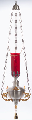 Hanging Sanctuary Lamp. Soft silver plate with gold plated accents. 48" height  overall. 12" diameter. Glass not included