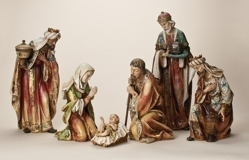 Gold Accented Nativity Set ~ 6-pc set. This beautiful nativity set has pieces ranging from  5" - 20".  Resin/Stone Mix