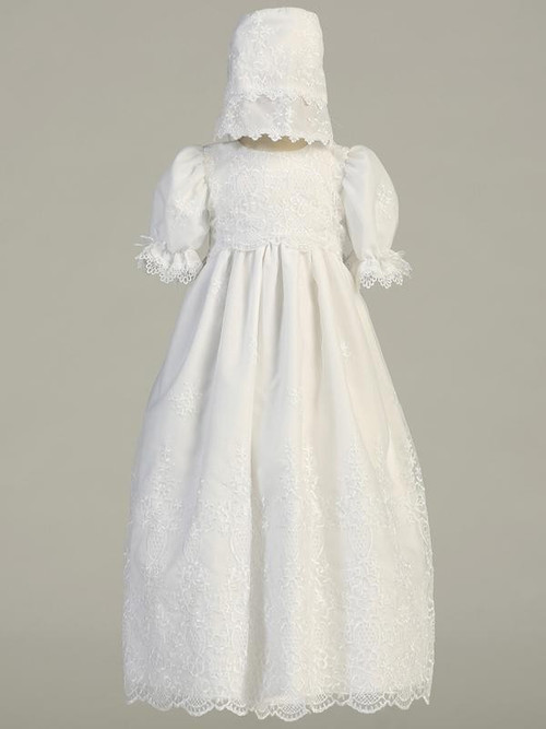 Emily ~ Long Sleeve Embroidered Organza Christening Gown. 