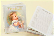 An illustrated Baptismal Bible for a Catholic baby that comes complete with certificate and family history pages. White Padded Hardcover with Gold edges. 3 1/2 x 4 1/2" ~ 96 pgs ~ Gift boxed.
