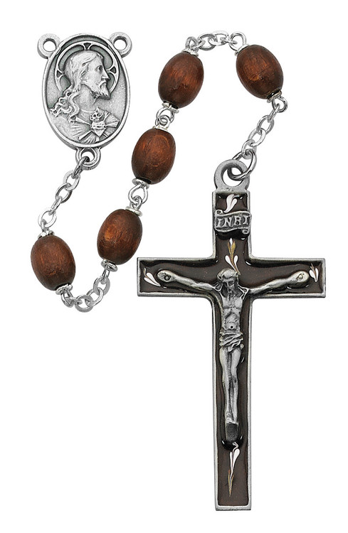  6x8mm Sterling Silver brown wood rosary with a Sacred Heart Centerpiece. Sterling Silver brown wood bead rosary is 23" in length. 