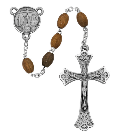 5 x 7mm Olive Wood Oval Beads. Sterling Silver or  Pewter 4 Way Medal Center & Crucifix. Deluxe Gift Box included