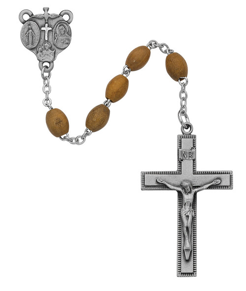 Brown Oval Shaped Olive Wood Beads with pewter crucifix and 4-way medal centerpiece. Deluxe Gift Box included