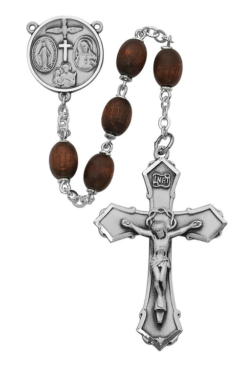 139L-BRF - 6 X 8mm Brown Wood Bead 23" Rosary. Sterling (4-way medal) Center and Crucifix. Deluxe Gift Box Included

