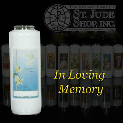 In Loving Memory, 6 Day Bottle Lights-Nonreusable-  All Soul's Day....."I am the resurrection and the life, says the Lord. If anyone believes in me, even though he dies, he will live.
Anyone who lives and believes in me, will not die" - (Jn 11:25-26)   There is an area on the candles provided for names of deceased  to be inscribed. A symbolic remembrance for the spouse or family member to take home.
6 Day Bottle Globe and the 3/6 Day Reusable Globes can be purchased individually or as a case (12 per case). 
 