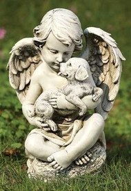 Garden statue of a cherub holding a puppy
