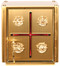 24k Two-tone gold plate. Red inlay cross and Four Evangelists on door.

10-3⁄4˝H. x 10-1⁄4˝W. x 10-1⁄4˝D.. Door opening: 9-3⁄4˝H. x 8-1⁄2˝W. Wt. 30 lbs.
