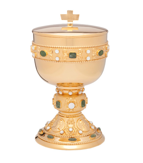 24Kt gold plate, 8 3/4"H., genuine jade and mother of pearl stones on cup, node and base. 300 Host Ciborium, based on 1 3/8" host 