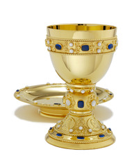Chalice and Footed Paten, Genuine Sapphire and Mother of Pearl Stones, Abbott Suger Style