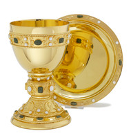 24kt Gold Plated Chalice and Footed Paten,Genuine Jade and Mother of Pearl, Abbott Suger Style; Ht. 7 ½”.,  18 oz.,  7 7/8” footed paten. Modern version of the Abbott Suger. Genuine sapphire and mother of pearl stones. Silver Plate and Sterling Silver Versions Available ~ Engraving Available