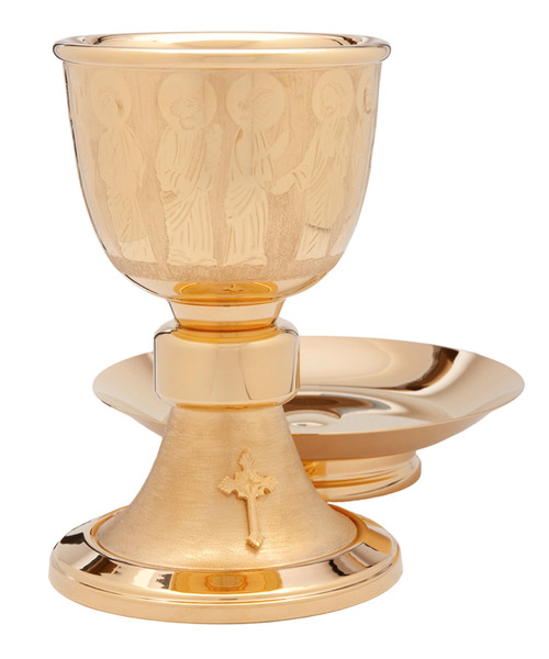 Hand Engraved 24Kt gold plate, 7 5/8"Ht., 12 oz. Ciborium with 7 1/4" footed paten. Silver Plate and Sterling Silver Versions Available ~ Engraving Available. Call 1 800 523 7604 for information