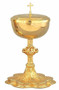   
Ciborium has a 225 host capacity, based on a 1 ⅜-inch host.. Ciborium is 10 inches tall. Bowl is smooth and unadorned, with a lid that features the cross. Made in the U.S