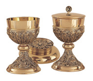 24K Gold plate, Ht. 6 ¾”. 14 oz. with 5 7/8” bowl paten. 
24K Gold plate ~ Ht. 8 ¼”. ~ Host 175 ~  Capacity based on 1 3/8" Host.
 Made in the USA.