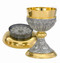 24K Goldplate with Silver Oxidized Chalice ~ Ht. 6 ¾” ~ 14 oz. with 5 7/8” bowl paten.  Engraving Available. Made in the USA