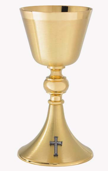 Mix of a High Polish and Satin Finish. Chalice Ht. 8 5/8” ~Holds  12 oz ~ comes with 5 5 1/2" bowl paten. Brass metal base ~ Engraving Available. Call 1 800 523 7604 for information. Made in the USA