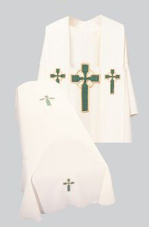 Funeral Pall #278- Celtic Cross design. Resurrection Mass Set Funeral Pall. Tailored in no iron textured polyester. Coordinating Chasuble (872A) and Overlay Stole (701) are  sold individually. Genuine Swiss Schiffli embroidery has been generously applied in a combination of multi and single color embroideries.