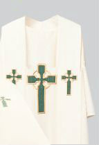 Overlay Stole #710 from the Resurrection Mass Set. Tailored in no iron textured polyester. Coordinating Funeral Pall( 278) and Chasuble (872A) are sold individually. Genuine Swiss Schiffli embroidery has been generously applied in a combination of multi and single color embroideries, front and back.