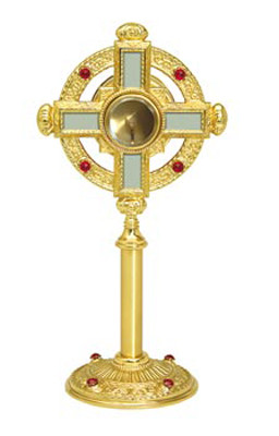 Gold ostensorium with silver cross and 8 ruby stones