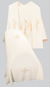 Overlay Stole shown with coordinating chasuble and funeral pall-Resurrection Mass Set Funeral Overlay Stole. Tailored in no iron textured polyester. Coordinating Funeral Pall (468) and Chasuble (864A) are sold individually. Genuine Swiss Schiffli embroidery has been generously applied in a combination of multi and single color embroideries, front and back.