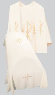 Funeral pall shown with coordinating overlay stole and chasuble - Resurrection Mass Set Funeral Pall. Tailored in no iron textured polyester. Coordinating Funeral Chasuble  (864A) and Overlay Stole (764) are sold individually. Genuine Swiss Schiffli embroidery has been generously applied in a combination of multi and single color embroideries, front and back.