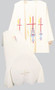 Chasuble shown with coordinating overlay stole and funeral pall - Resurrection Mass Set Funeral Chasuble with Cross, Chalice & Wheat Design embroidered on front and back. Tailored in no iron textured polyester. Coordinating Funeral Chasuble (857A) and Pall (640) are sold individually. Genuine Swiss Schiffli embroidery has been generously applied in a combination of multi and single color embroideries, front and back.