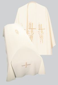 This resurrection mass set funeral chasuble from St. Jude Shop features an Alpha and Omega with wheat design embroidered on the front and back. Shop beautiful, high-quality church supplies and more here.

Genuine Swiss Schiffli embroidery has been generously applied in a combination of multi and single color embroideries, front and back.
Tailored in a no iron textured polyester
Coordinating Funeral Overlay Stole (713) and Pall (740) are sold individually
